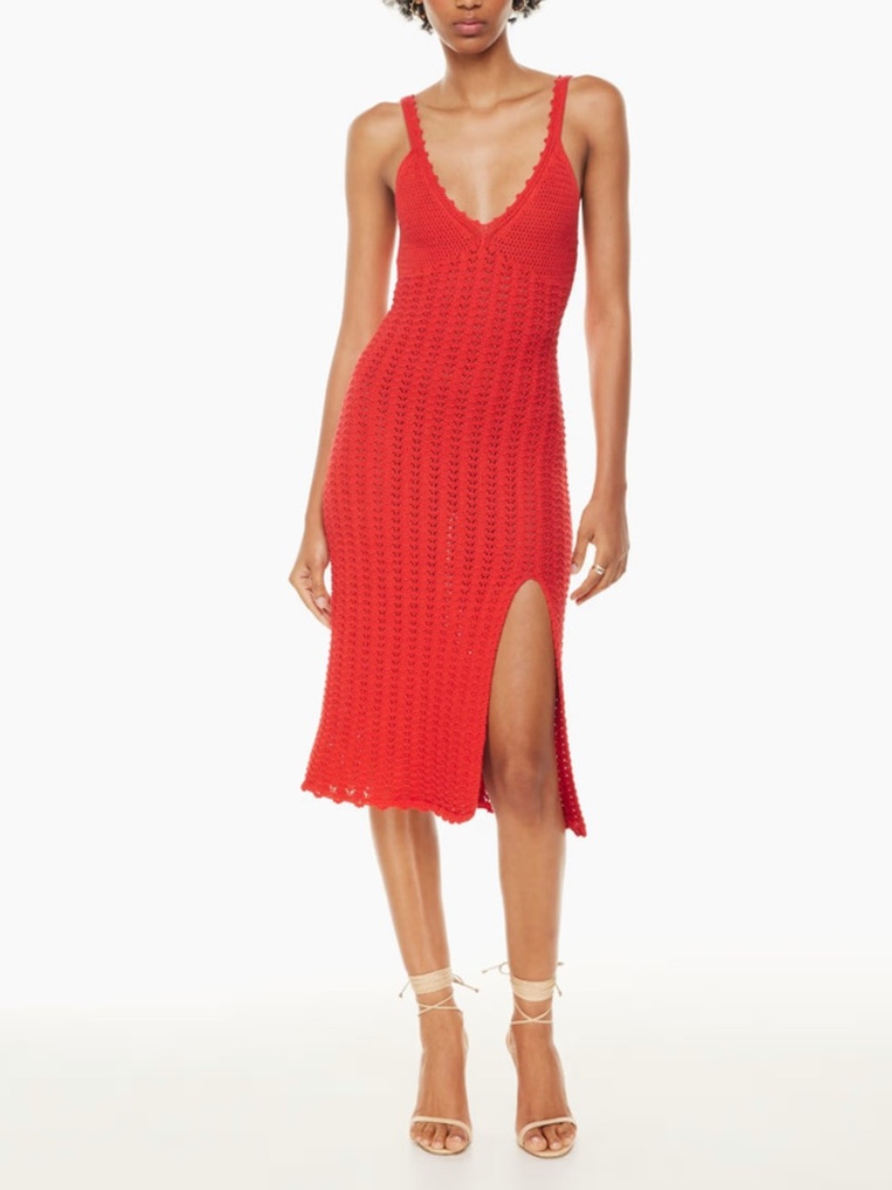 Aritzia Wilfred Red Crochet V-Neck Evie Midi Dress with Side Slit
